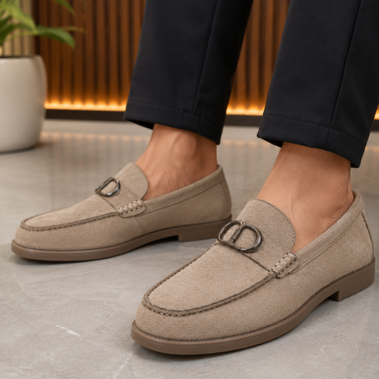 Pre_mium di_or Men's Beige Suede Loafers | Metal Horsebit Buckle | Slip-On Formal & Casual Shoes