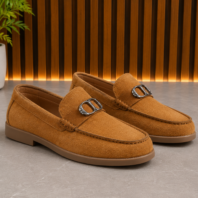 di_or Men's Premium Suede Loafers with Metal Horsebit Buckle | Slip-On Casual & Formal Shoes | Lightweight Comfort