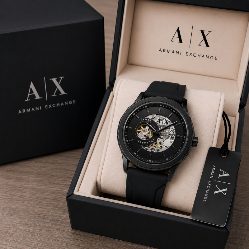 Arm_ani Excha_nge Automatic Skeleton Dial Men's Watch | Black Silicone Strap | Premium Luxury Timepiece