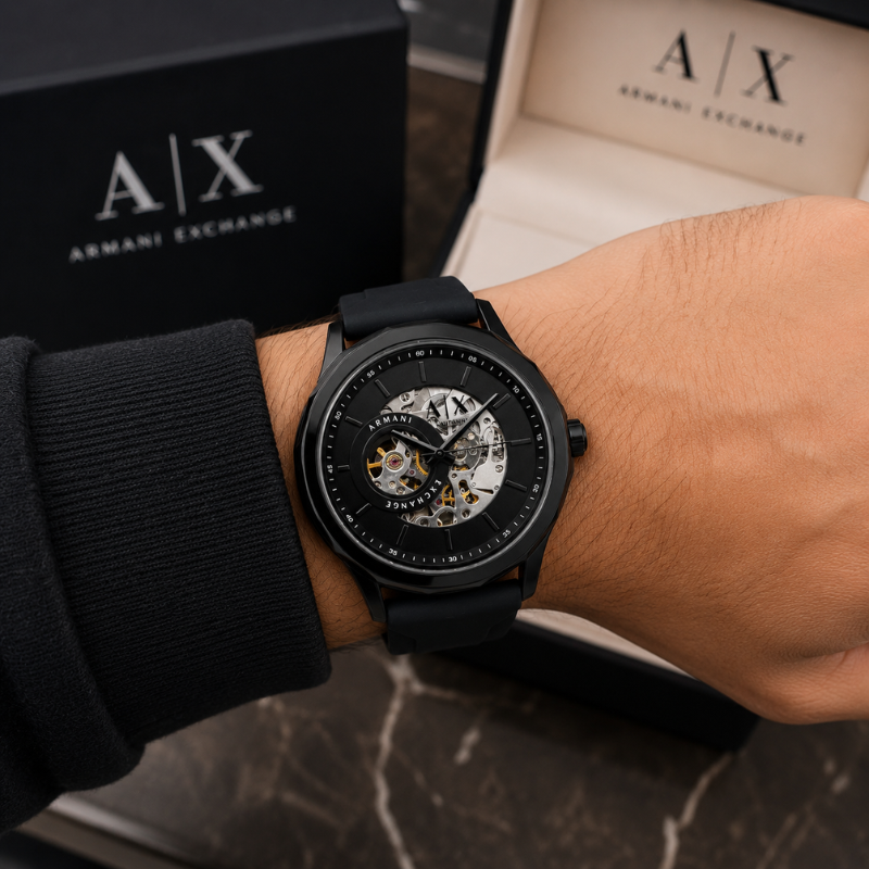 Arm_ani Excha_nge Automatic Skeleton Dial Men's Watch | Black Silicone Strap | Premium Luxury Timepiece