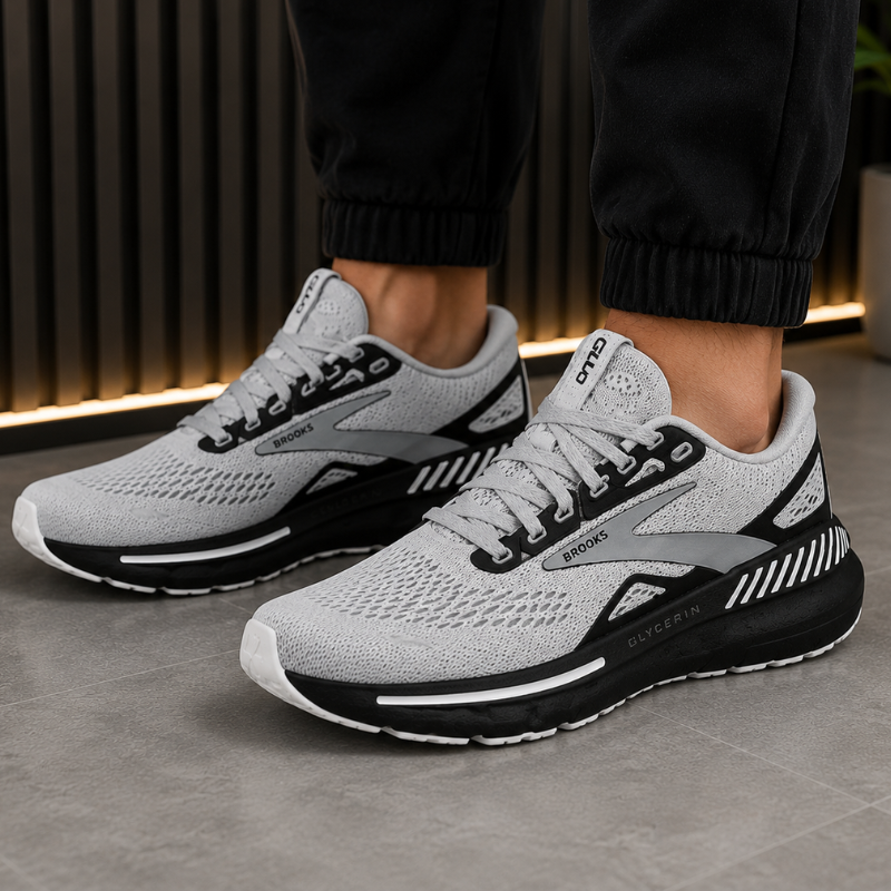 Bro_oks Glycerin Running Shoes for Men | Breathable Mesh Upper | Lightweight Cushioned Sports Sneakers | Grey/Black