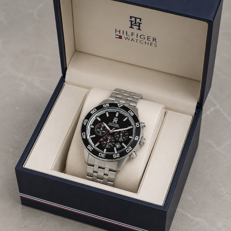 Tom_my Hilf_iger Men's Stainless Steel Chronograph Analog Watch | Black Dial | Silver Metal Strap | Premium Luxury Wrist Watch