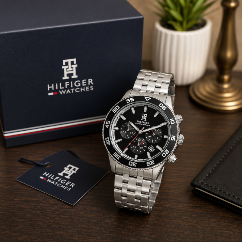 Tom_my Hilf_iger Men's Stainless Steel Chronograph Analog Watch | Black Dial | Silver Metal Strap | Premium Luxury Wrist Watch