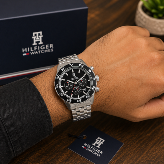 Tom_my Hilf_iger Men's Stainless Steel Chronograph Analog Watch | Black Dial | Silver Metal Strap | Premium Luxury Wrist Watch
