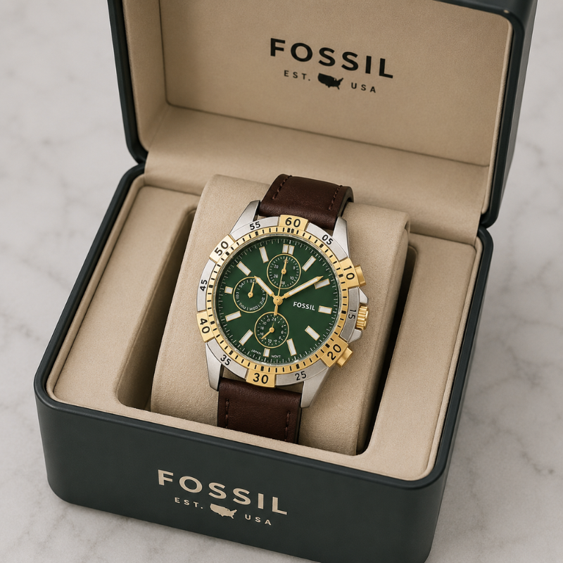 Fo_ ssil Men's Chronograph Analog Watch | Green Dial | Brown Genuine Leather Strap | Premium Luxury Wrist Watch