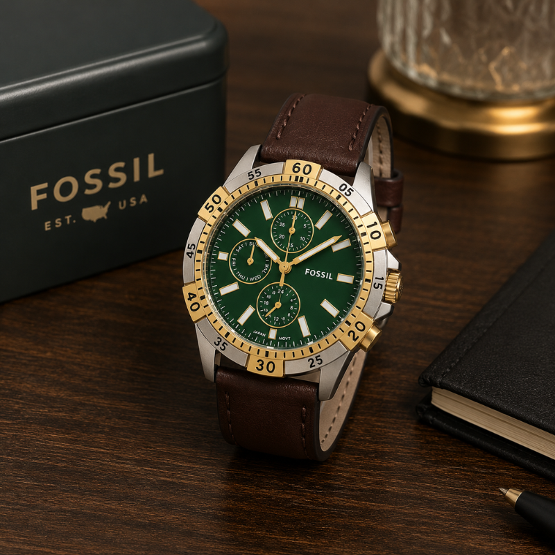Fo_ ssil Men's Chronograph Analog Watch | Green Dial | Brown Genuine Leather Strap | Premium Luxury Wrist Watch