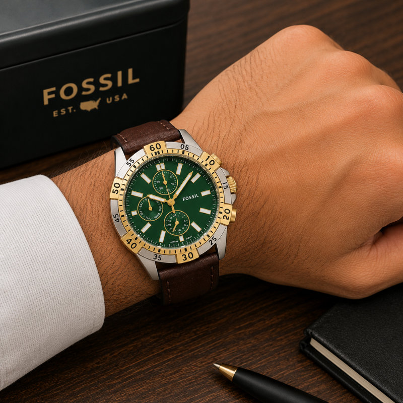 Fo_ ssil Men's Chronograph Analog Watch | Green Dial | Brown Genuine Leather Strap | Premium Luxury Wrist Watch