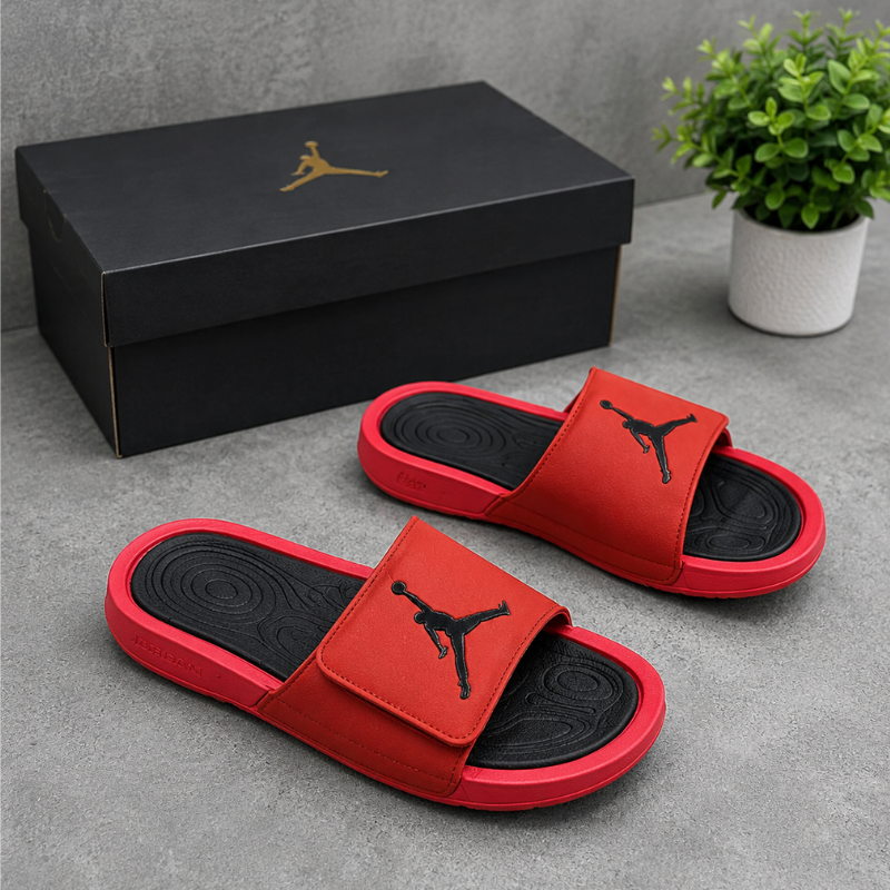 Jor_dan Men's Comfort Slides | Lightweight Cushioned Slip-On Sandals | Red/Black Casual Slides
