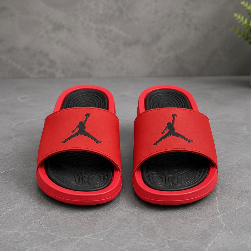 Jor_dan Men's Comfort Slides | Lightweight Cushioned Slip-On Sandals | Red/Black Casual Slides