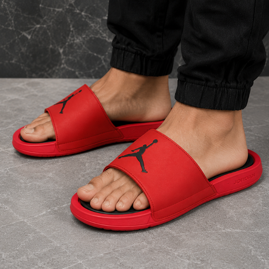 Jor_dan Men's Comfort Slides | Lightweight Cushioned Slip-On Sandals | Red/Black Casual Slides