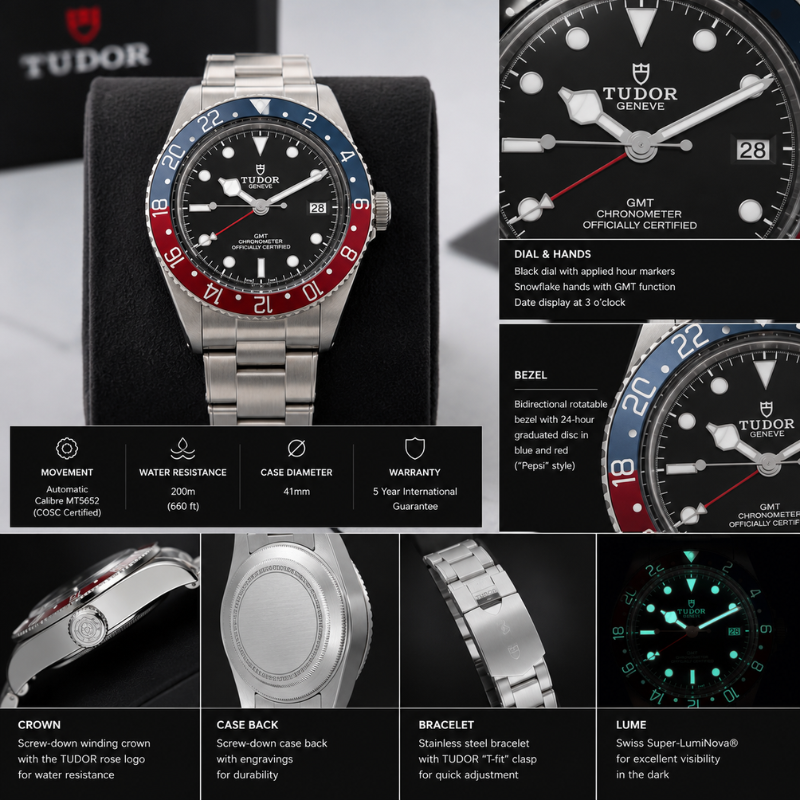 TU_DOR GMT Stainless Steel Analog Watch for Men | Black Dial | Pepsi Bezel | Premium Metal Strap