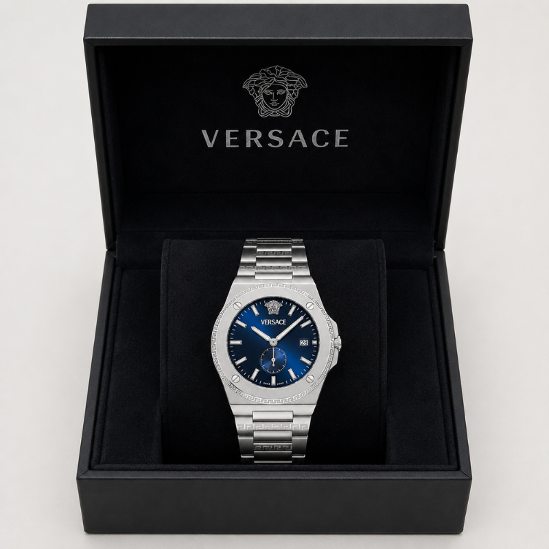 Ver_sace Men's Luxury Blue Dial Stainless Steel Analog Watch | Premium Quartz Wrist Watch