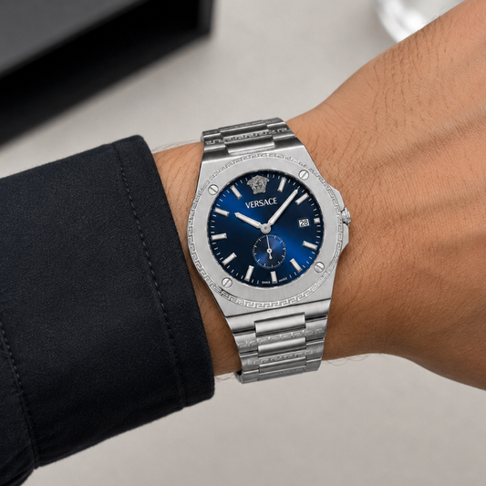 Ver_sace Men's Luxury Blue Dial Stainless Steel Analog Watch | Premium Quartz Wrist Watch