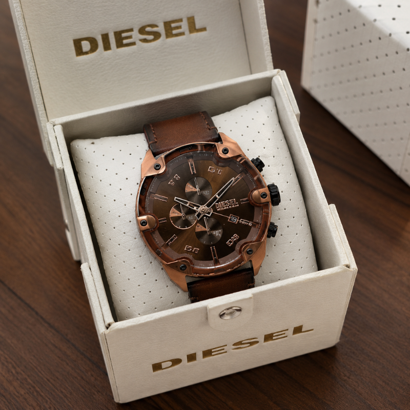 Die_sel Mega Chief Men's Brown Dial Chronograph Leather Strap Analog Watch | Premium Quartz Timepiece