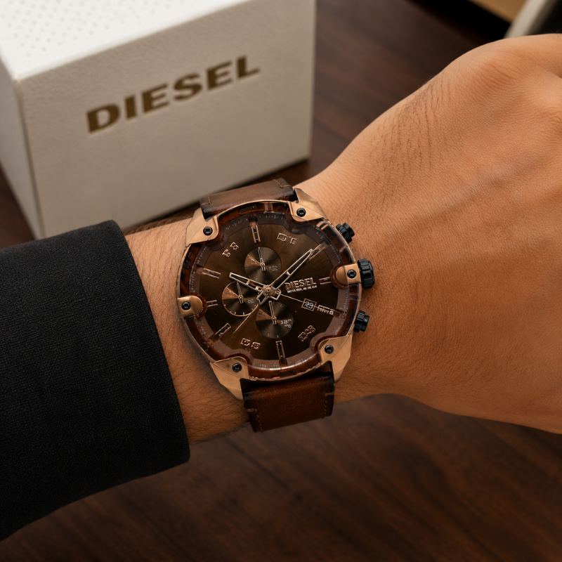 Die_sel Mega Chief Men's Brown Dial Chronograph Leather Strap Analog Watch | Premium Quartz Timepiece