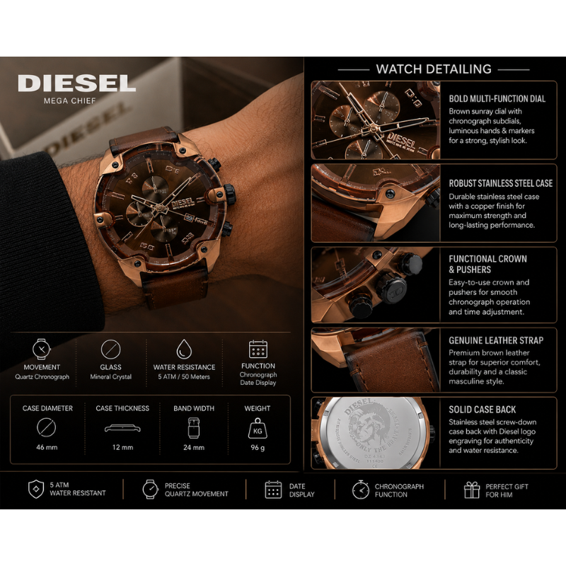 Die_sel Mega Chief Men's Brown Dial Chronograph Leather Strap Analog Watch | Premium Quartz Timepiece