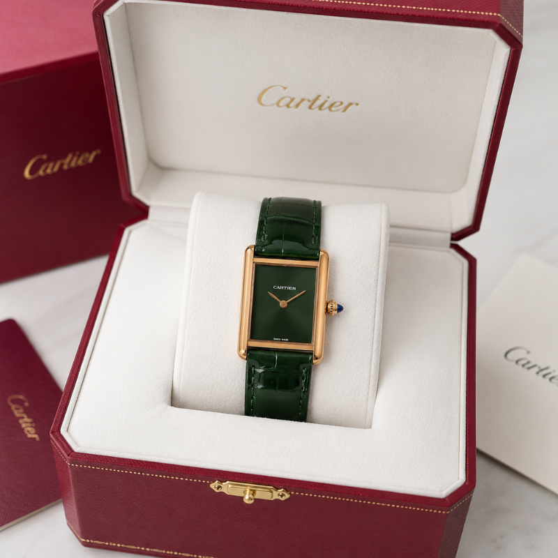 Ca_rtier Tank Women's Green Dial Leather Strap Luxury Analog Watch