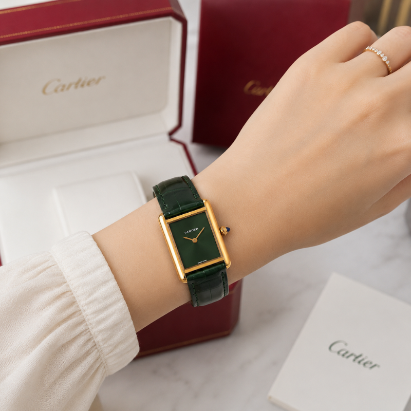 Ca_rtier Tank Women's Green Dial Leather Strap Luxury Analog Watch