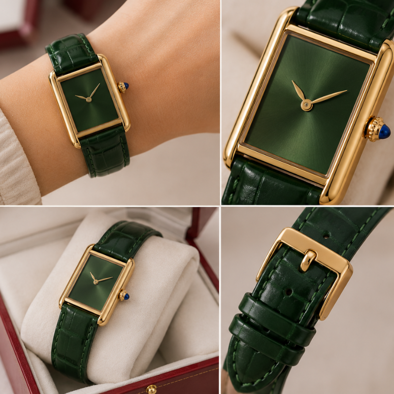 Ca_rtier Tank Women's Green Dial Leather Strap Luxury Analog Watch