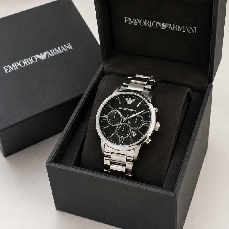 Em_porio Ar_mani Men's Black Dial Chronograph Stainless Steel Analog Watch | Silver Bracelet