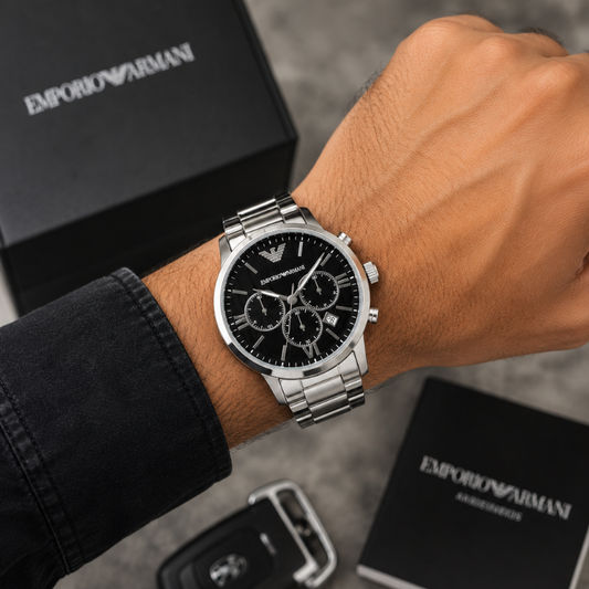 Em_porio Ar_mani Men's Black Dial Chronograph Stainless Steel Analog Watch | Silver Bracelet