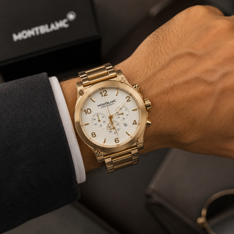 Mont_blanc Men's Gold Tone Chronograph Analog Watch | Premium Stainless Steel Bracelet