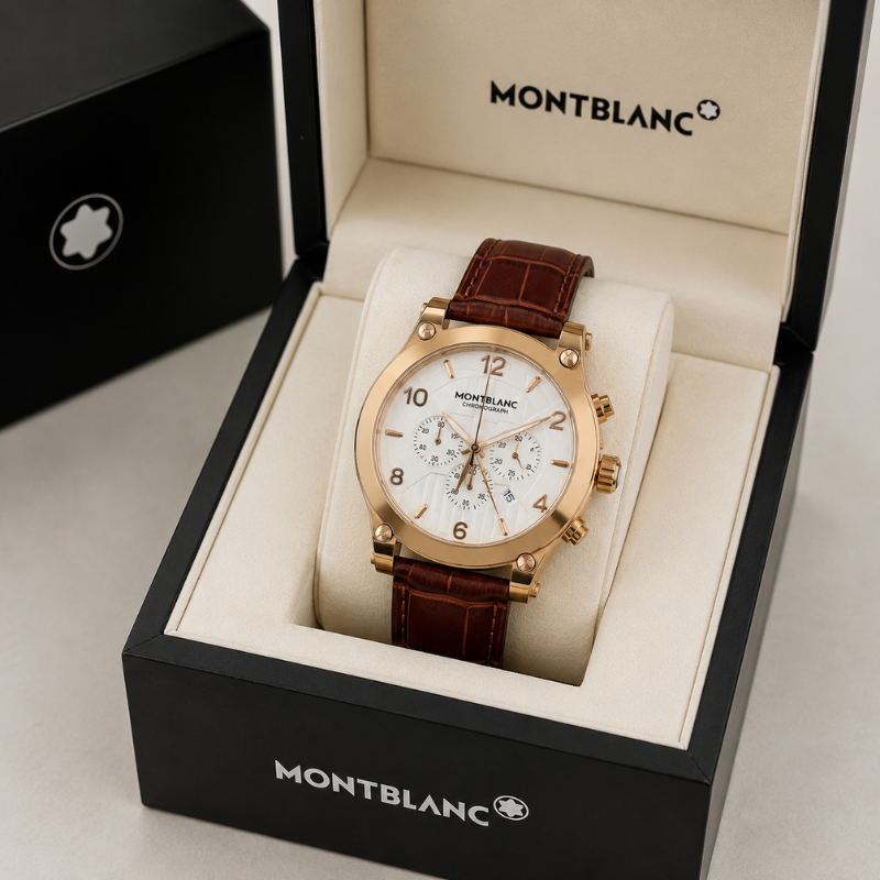 Mon_tblanc Men's White Dial Chronograph Brown Leather Strap Analog Watch | Gold Tone Case