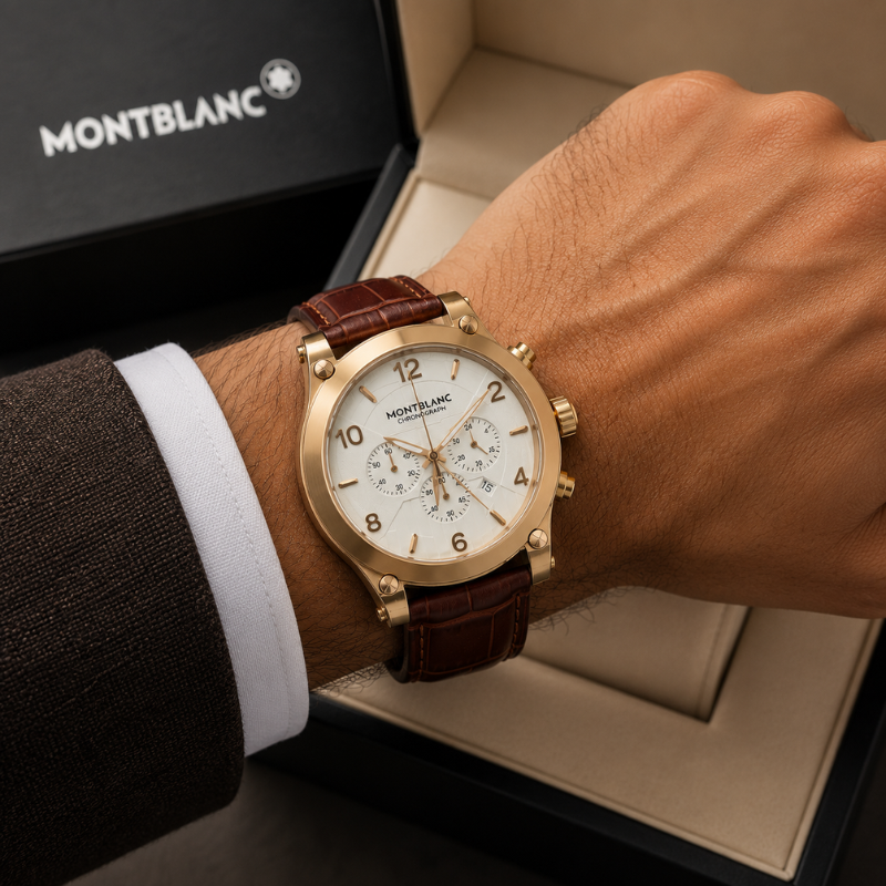 Mon_tblanc Men's White Dial Chronograph Brown Leather Strap Analog Watch | Gold Tone Case