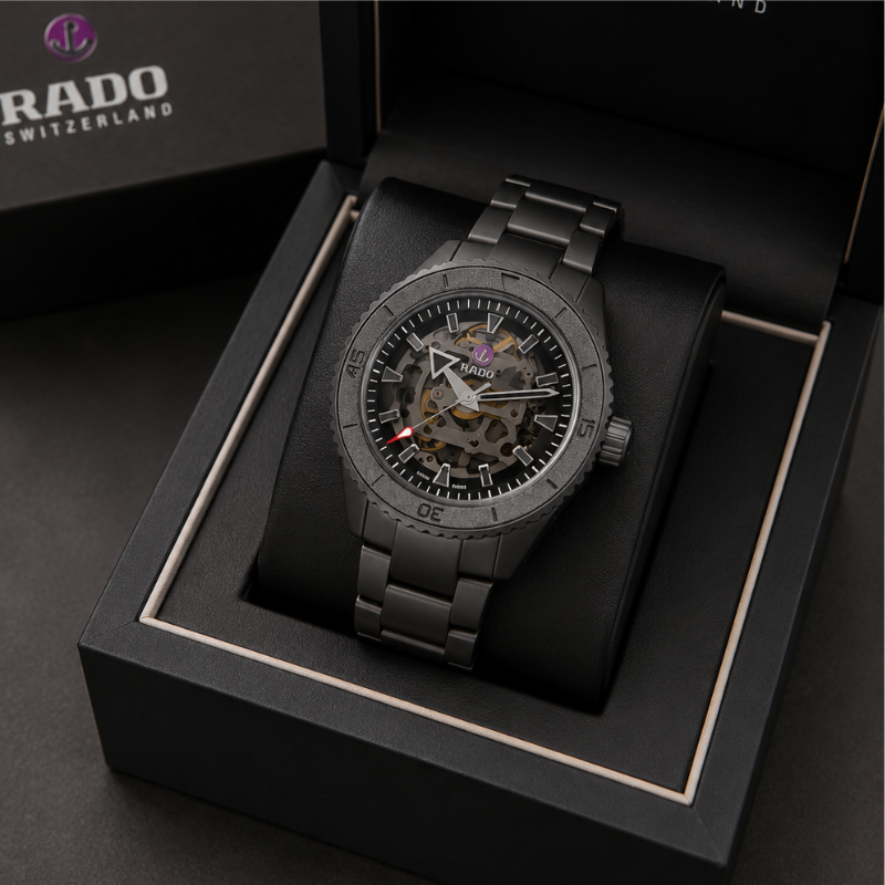 Ra_do Captain Cook Men's Black Skeleton Dial Automatic Ceramic Bracelet Watch