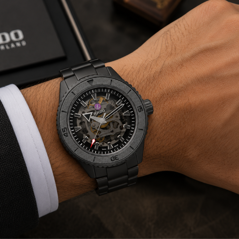 Ra_do Captain Cook Men's Black Skeleton Dial Automatic Ceramic Bracelet Watch