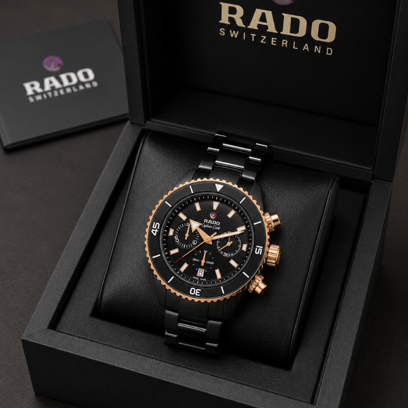Ra_do Captain Cook Men's Black Dial Chronograph Ceramic Watch | Rose Gold Accents