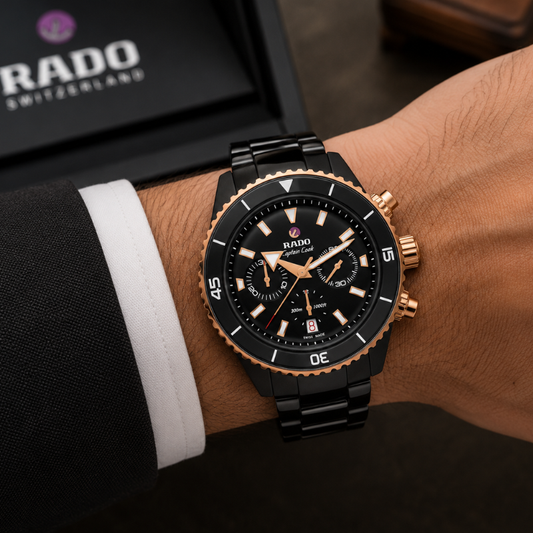 Ra_do Captain Cook Men's Black Dial Chronograph Ceramic Watch | Rose Gold Accents