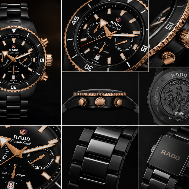 Ra_do Captain Cook Men's Black Dial Chronograph Ceramic Watch | Rose Gold Accents