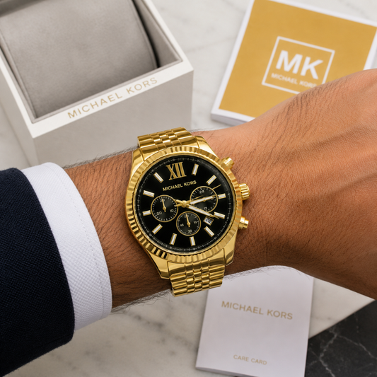 Mic_hael Ko_rs Men's Gold-Tone Black Dial Chronograph Stainless Steel Luxury Watch