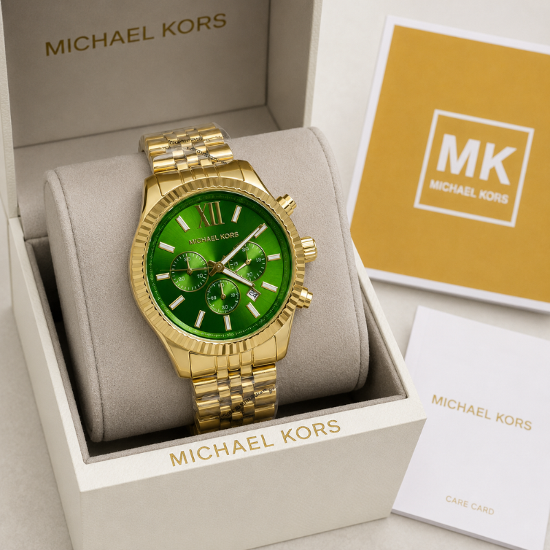 Mic_hael Kors Men's Gold-Tone Green Dial Chronograph Luxury Watch