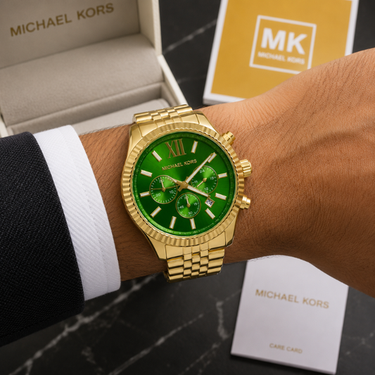 Mic_hael Kors Men's Gold-Tone Green Dial Chronograph Luxury Watch
