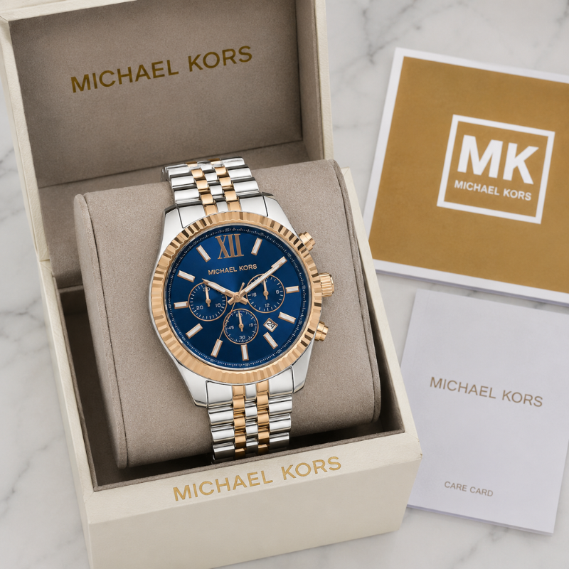 Mic_hael Kors Men's Two-Tone Blue Dial Chronograph Stainless Steel Luxury Watch