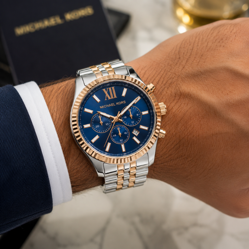 Mic_hael Kors Men's Two-Tone Blue Dial Chronograph Stainless Steel Luxury Watch