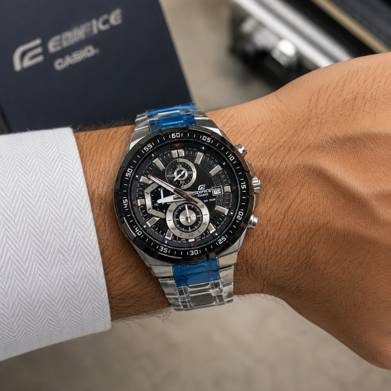 Ca_sio Edi_fice Men's Stainless Steel Chronograph Black Dial Analog Watch