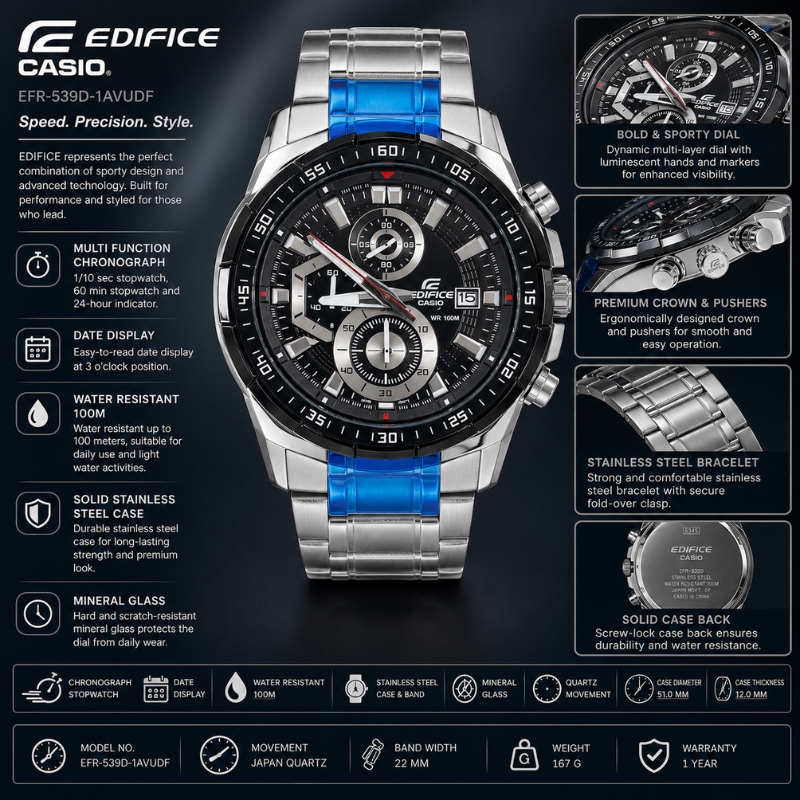 Ca_sio Edi_fice Men's Stainless Steel Chronograph Black Dial Analog Watch