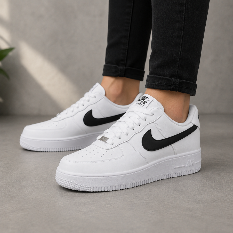 Ni_ke_Air Force 1 Low White Black Swoosh | Classic Casual Sneakers