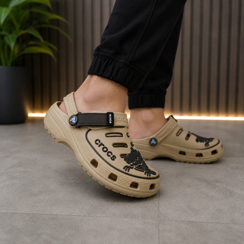 Cro_cs Classic Graphic Clogs | Beige & Black | Lightweight Comfort Clogs