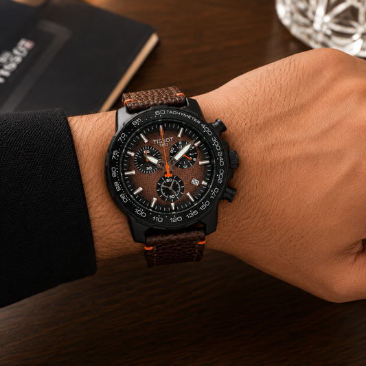 Tis_sot Men's Premium Chronograph Analog Watch | Brown Textured Dial | Black Case | Genuine Leather Strap
