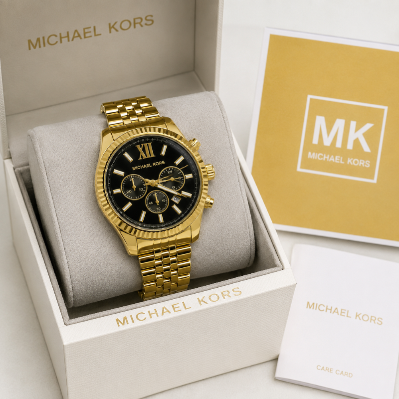 Mic_hael Ko_rs Men's Gold-Tone Black Dial Chronograph Stainless Steel Luxury Watch