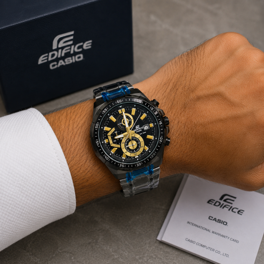 Ca_sio Edifice Men's Black & Gold Chronograph Stainless Steel Analog Watch