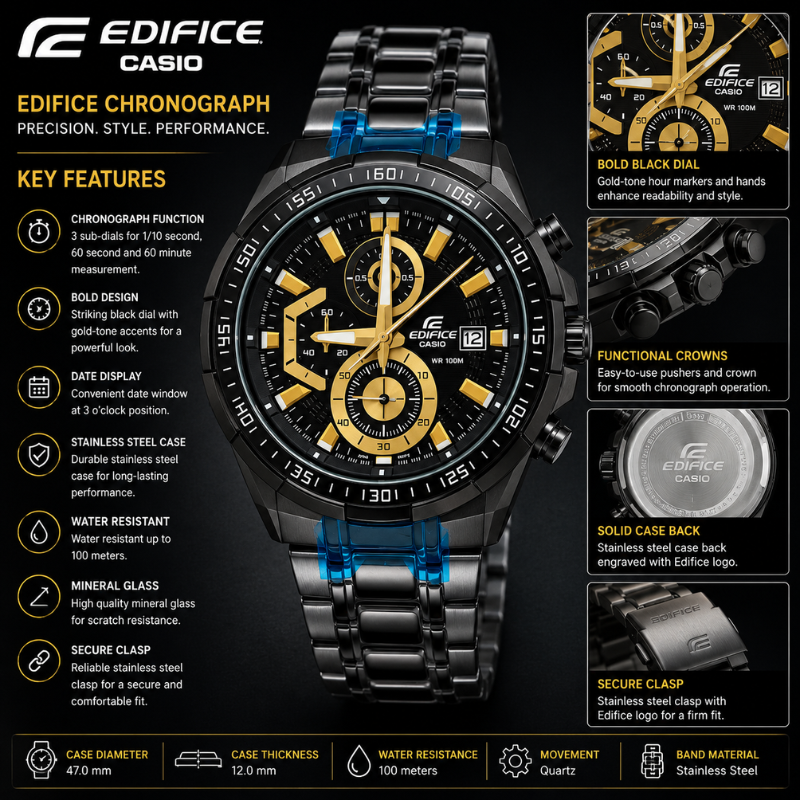 Ca_sio Edifice Men's Black & Gold Chronograph Stainless Steel Analog Watch