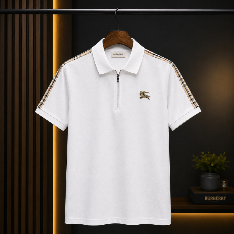 Bur_berry Men's White Half-Zip Polo Shirt with Signature Check Shoulder Detail
