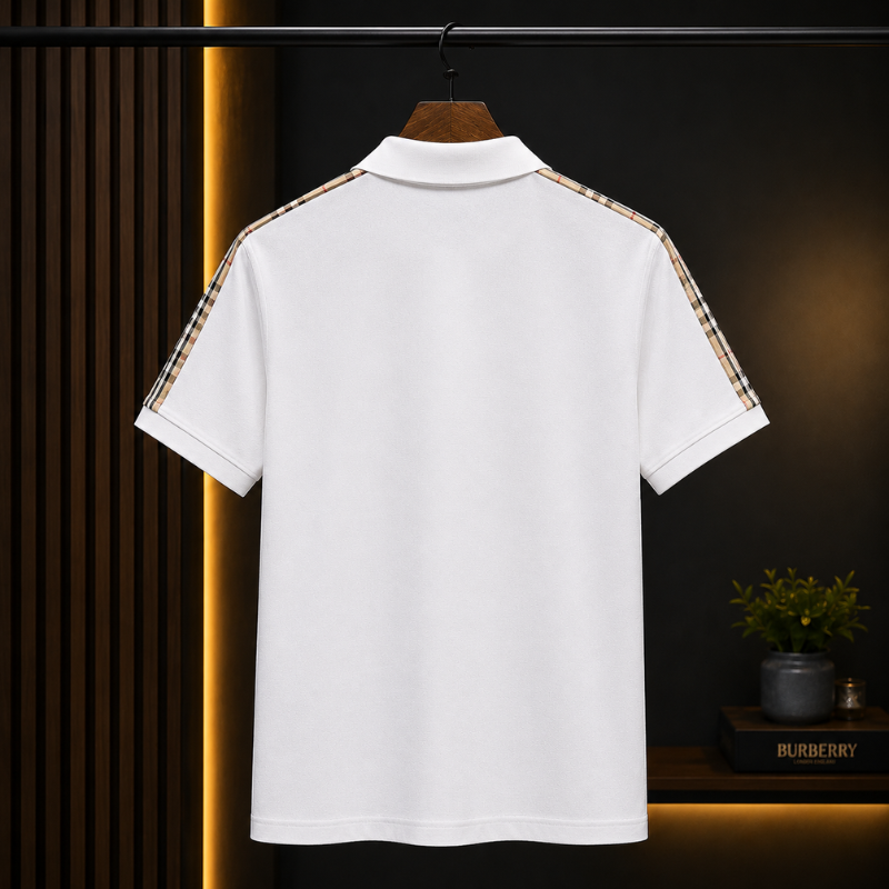 Bur_berry Men's White Half-Zip Polo Shirt with Signature Check Shoulder Detail