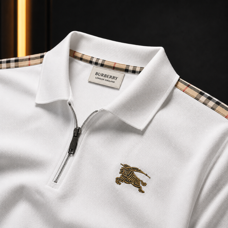 Bur_berry Men's White Half-Zip Polo Shirt with Signature Check Shoulder Detail