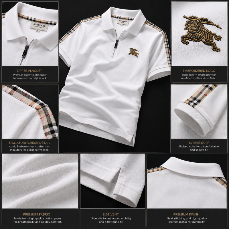 Bur_berry Men's White Half-Zip Polo Shirt with Signature Check Shoulder Detail